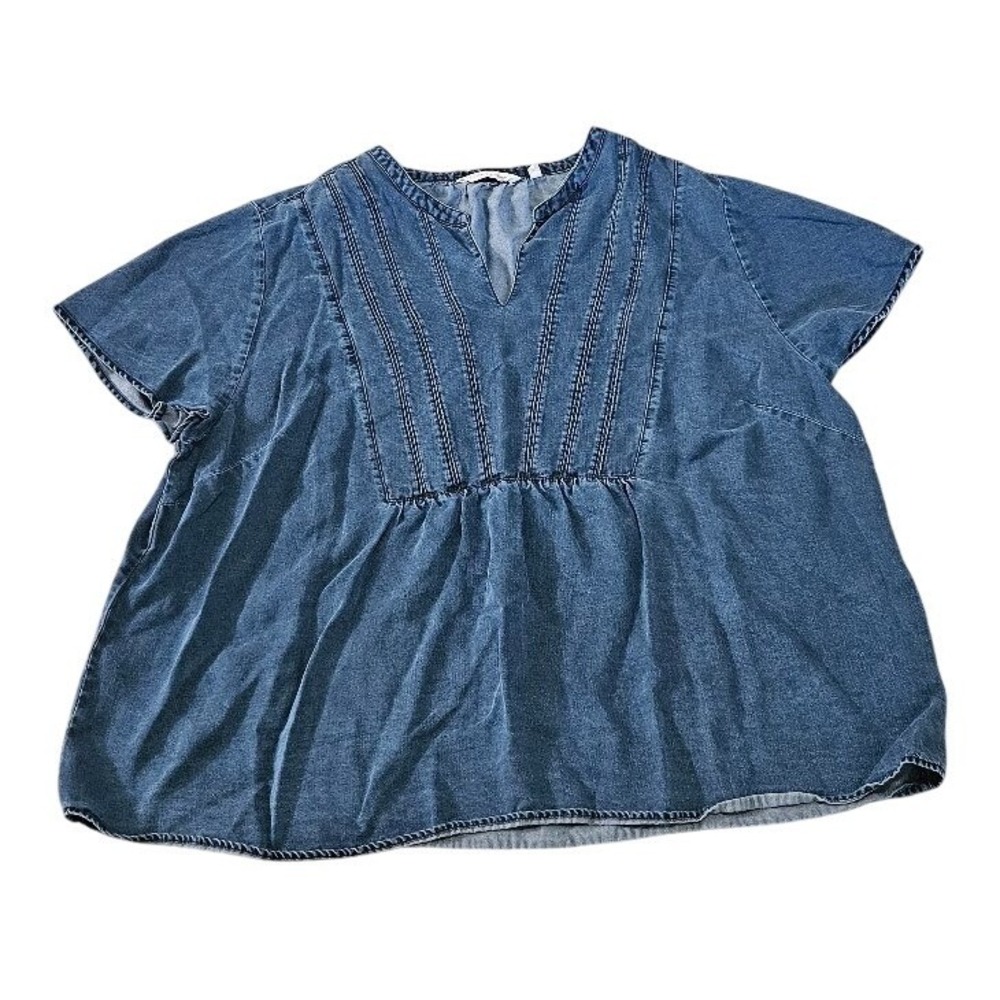 Soft Surroundings Womens 2X Blue Tencel Pintuck Short Sleeve Blouse Top
